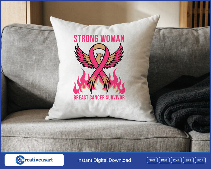 Strong Woman Breast Cancer Survivor Phoenix SVG design on a white throw pillow