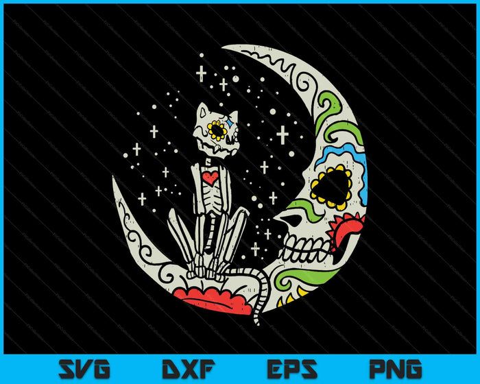 Sugar Skull Cat Moon Dia De Los Muertos Halloween Costume SVG PNG Digital Printable Files