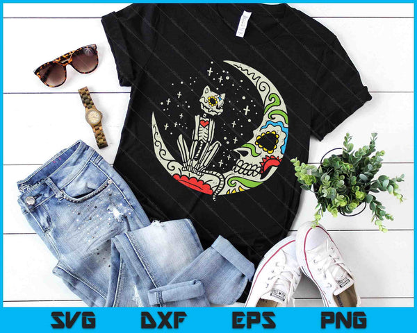 Sugar Skull Cat Moon Dia De Los Muertos Halloween Costume SVG PNG Digital Printable Files