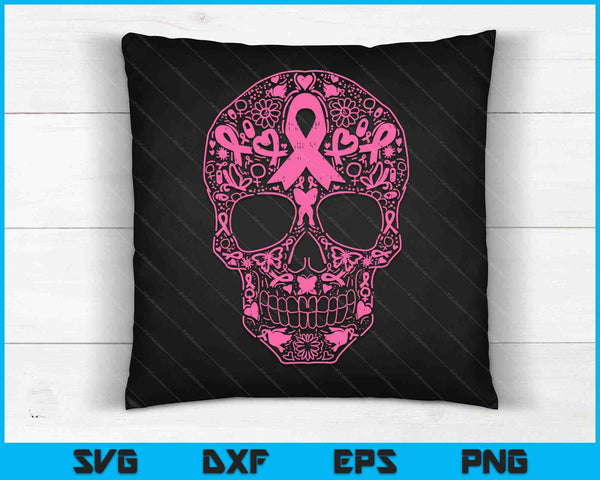 Sugar Skull Pink Ribbon Calavera Breast Cancer Awareness SVG PNG Digital Cutting Files