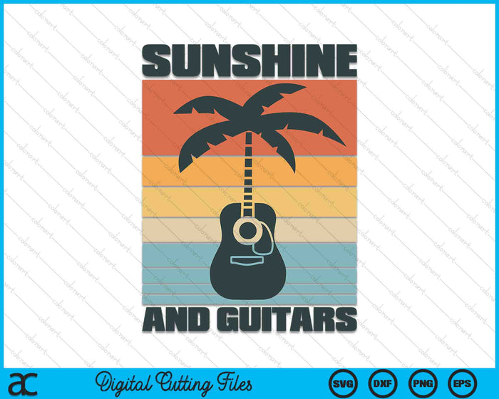 Zonneschijn en gitaren Retro akoestische gitaar Palmboom zomer SVG PNG digitale snijbestanden
