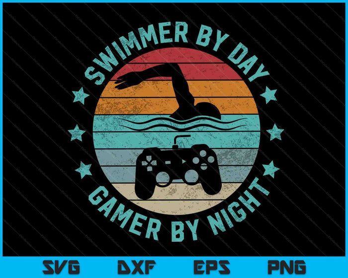 Zwemmer overdag Gamer 's nachts zwemmen grappig zwemmen Gaming SVG PNG digitale snijbestanden