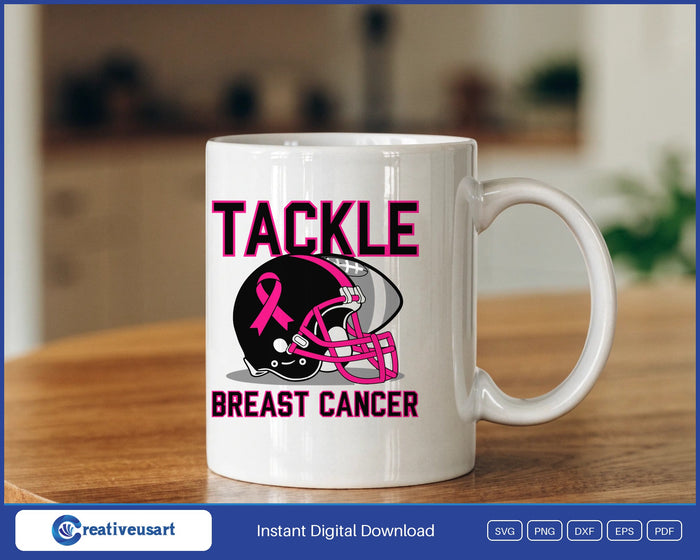 Tackle Breast Cancer Football Helmet Pink Out SVG design on a white coffee mug