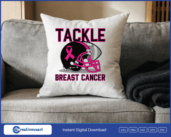Tackle Breast Cancer Football Helmet Pink Out SVG design on a white throw pillow
