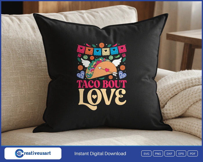 Taco Bout Love papel picado Valentine design on a black throw pillow