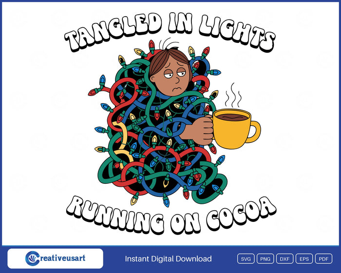 Tangled In Lights Running On Cocoa Funny Christmas SVG design on a white background
