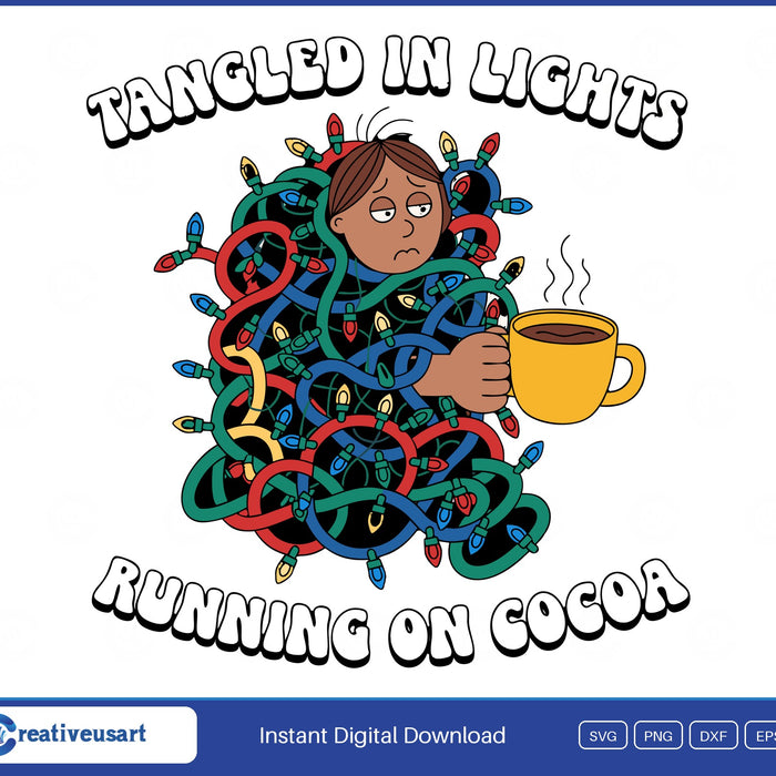 Tangled In Lights Running On Cocoa Funny Christmas SVG design on a white background