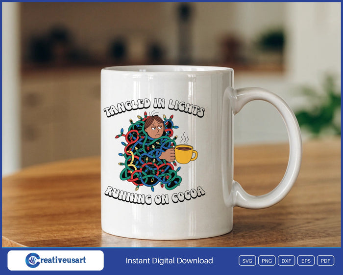Tangled In Lights Running On Cocoa Funny Christmas SVG design on a white coffee mug