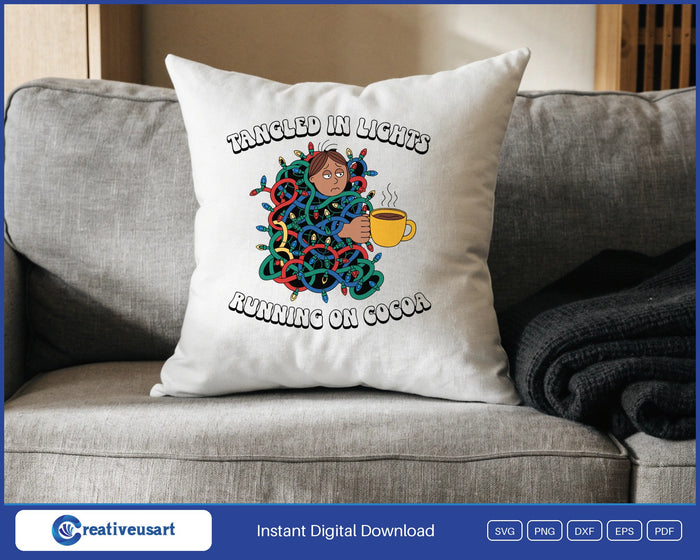 Tangled In Lights Running On Cocoa Funny Christmas SVG design on a white throw pillow