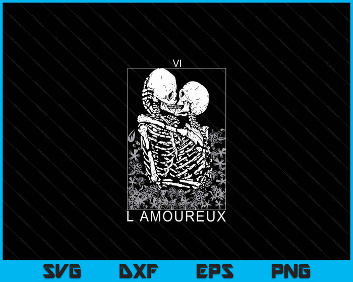 Tarot kaart zoenen skelet liefde schedel botten horror Goth SVG PNG digitale snijden-bestanden