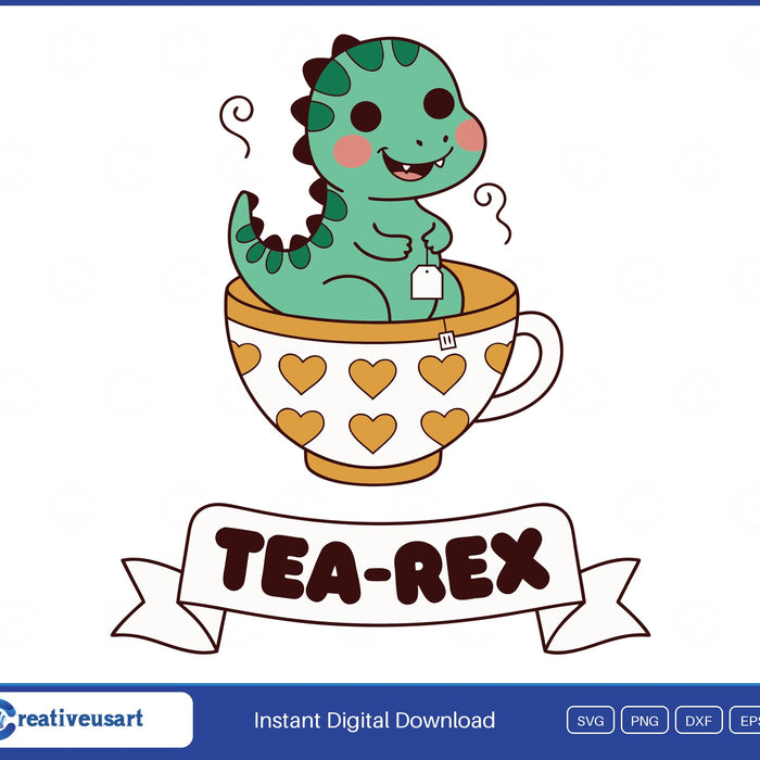 Tea-Rex SVG, a smiling baby t-rex sitting in a teacup with hearts and a tea bag, over a ribbon banner
