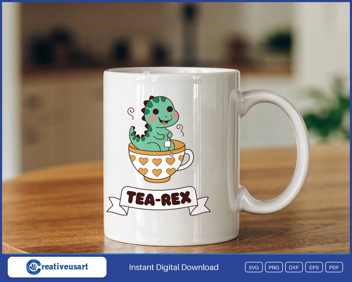 Tea-Rex design on a white coffee mug