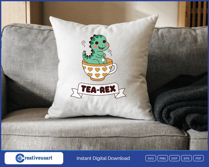 Tea-Rex design on a white throw pillow