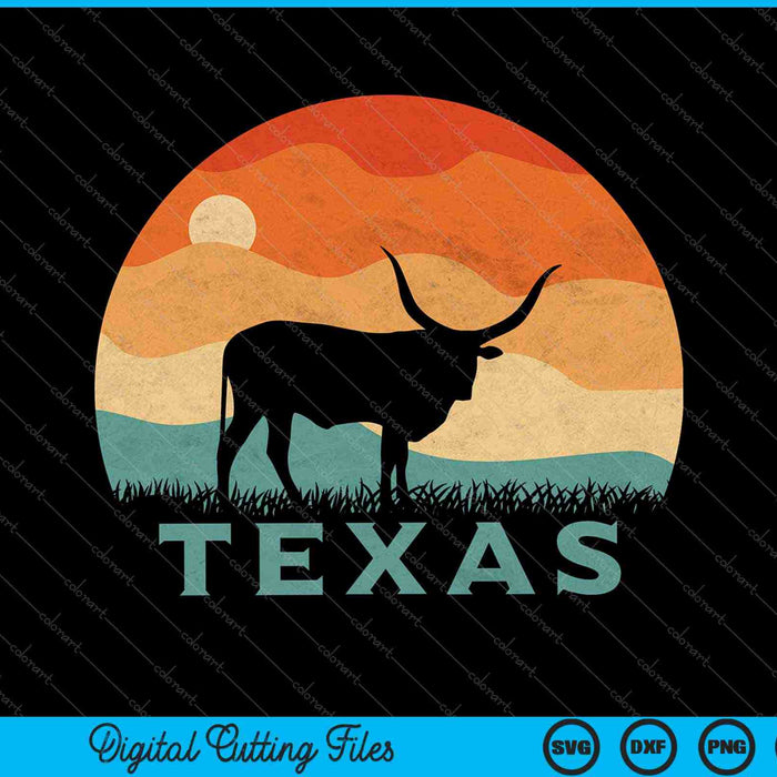 Texas Longhorn Vaca Vintage Texan Ganado Rebaño Retro Lone Star SVG PNG Cortando Archivos Imprimibles