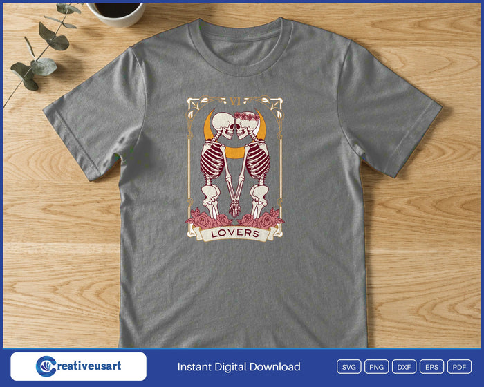 The Lovers tarot card skeleton couple SVG design shown on a t-shirt