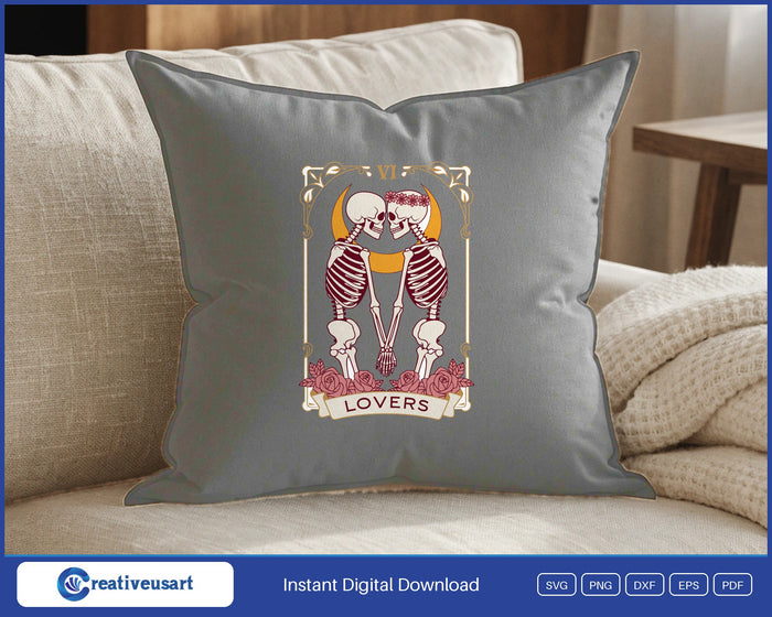 The Lovers tarot card skeleton couple SVG design on a throw pillow