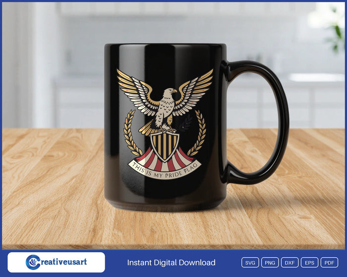 Roman eagle badge on a striped shield with a laurel wreath SVG design on a black coffee mug