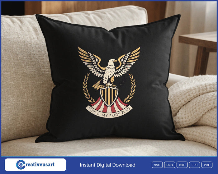Roman eagle badge on a striped shield with a laurel wreath SVG design on a black throw pillow
