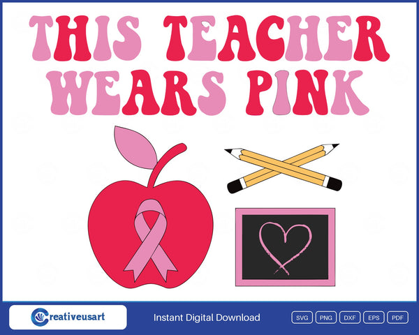 This Teacher Wears Pink breast cancer awareness apple ribbon SVG design on white background