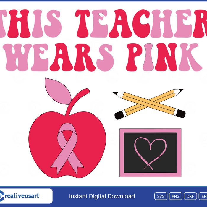 This Teacher Wears Pink breast cancer awareness apple ribbon SVG design on white background