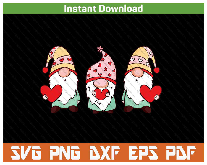 Three Gnomes Holding Heart Valentine's Day SVG PNG Digital Printable Files