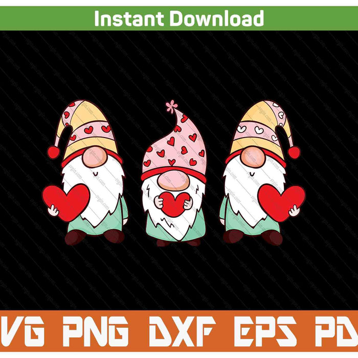 Three gnomes holding heart Valentine's Day SVG cut file