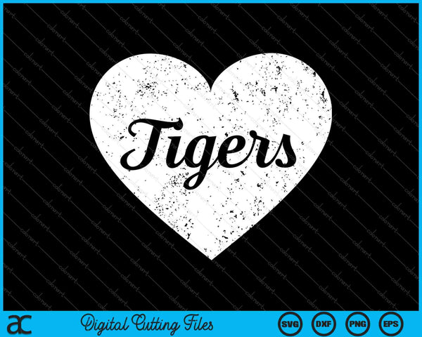 Tigers School Sports Fan Equipo Espíritu Mascota Lindo Corazón SVG PNG Cortando Archivos Imprimibles