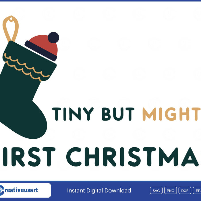 Tiny But Mighty First Christmas, a green stocking with a knitted bobble hat tucked in it SVG design on a white background
