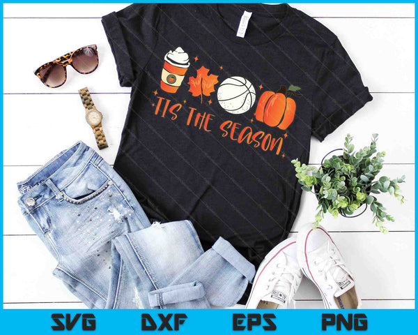 Tis The Season Pumpkin Leaf Latte Otoño Baloncesto SVG PNG Archivos de corte digital