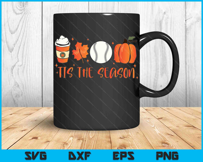 Tis The Season Pumpkin Leaf Latte Otoño Softbol SVG PNG Archivos de corte digital
