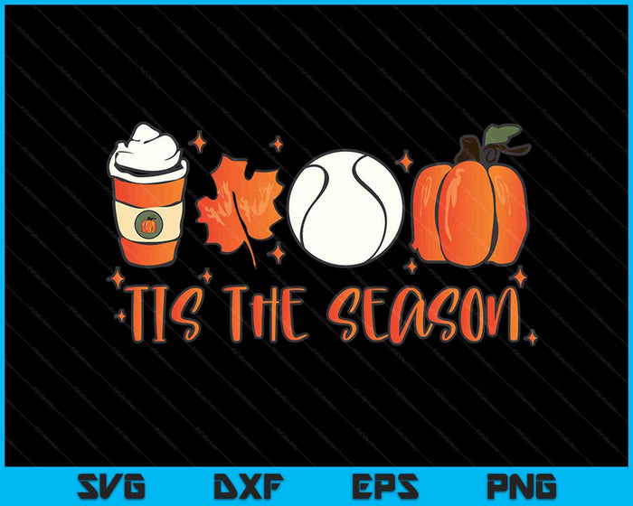 Tis The Season Pumpkin Leaf Latte Fall Tennis Ball SVG PNG Archivos de corte digitales