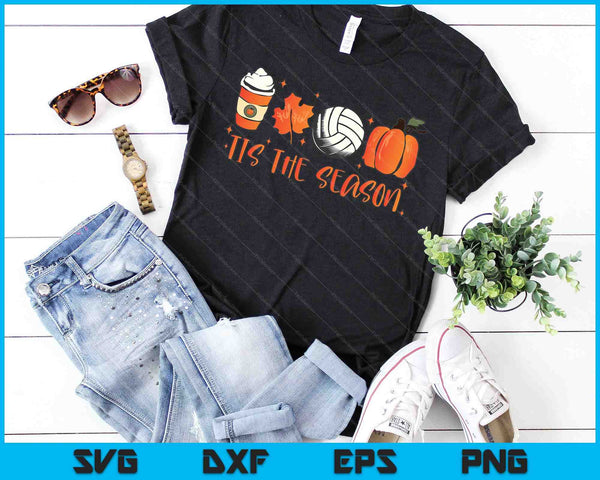 Tis The Season Pumpkin Leaf Latte Otoño Voleibol SVG PNG Archivos de corte digital