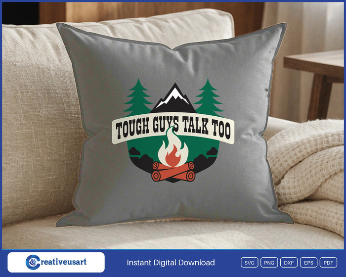 Tough Guys Talk Too campfire emblem SVG design on a grey throw pillow