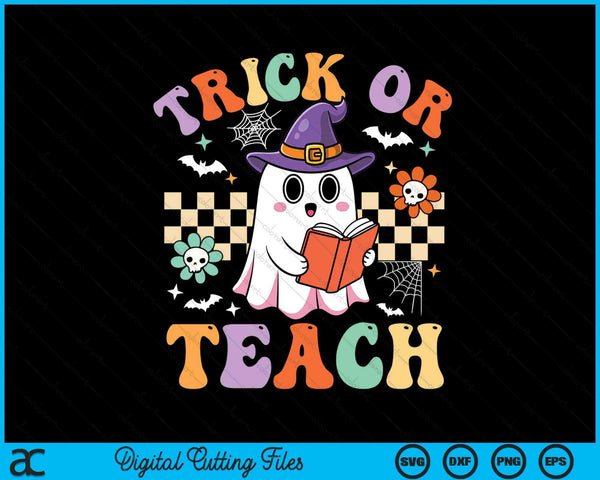 Trick or teach with a ghost reading a book and flowers, groovy teacher Halloween SVG