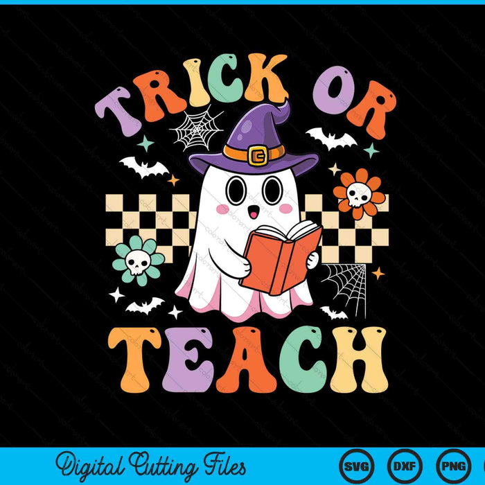 Trick or teach with a ghost reading a book and flowers, groovy teacher Halloween SVG