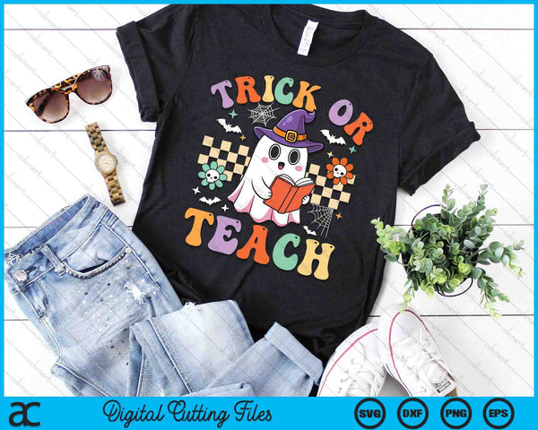 Trick Or Teach Groovy Teacher Halloween Retro Floral Ghost SVG PNG Digital Cutting Files