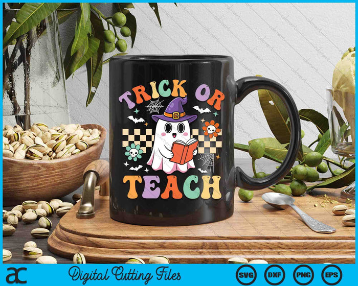 Trick Or Teach Groovy Teacher Halloween Retro Floral Ghost SVG PNG Digital Cutting Files