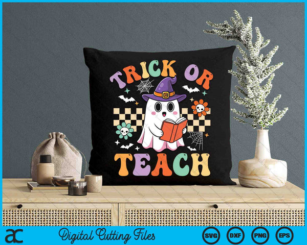 Trick Or Teach Groovy Teacher Halloween Retro Floral Ghost SVG PNG Digital Cutting Files