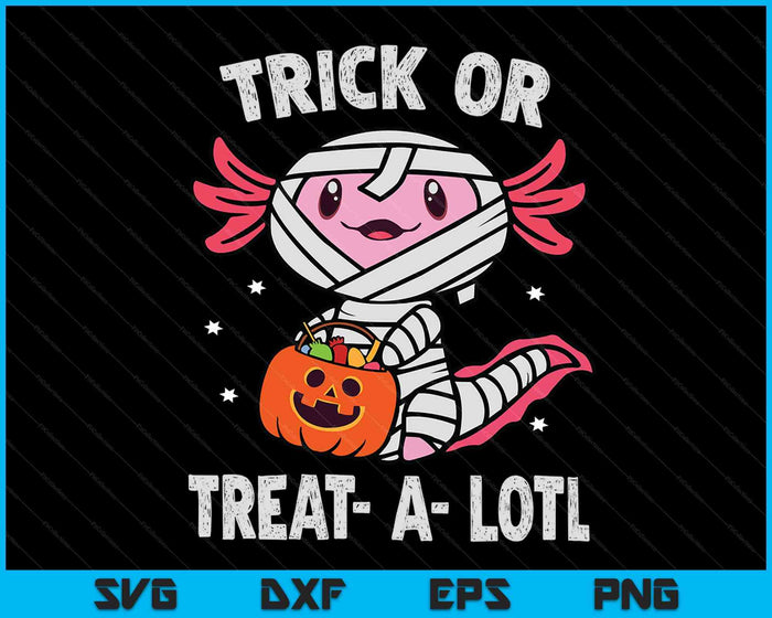 Trick or Treat A Lotl Axolotl Mummy Halloween SVG PNG digitale snijbestanden
