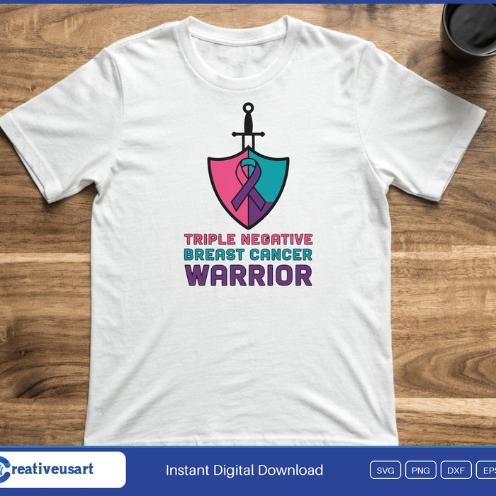 A shield with a sword and a pink and teal ribbon above the words Triple Negative Breast Cancer Warrior, on a white t-shirt