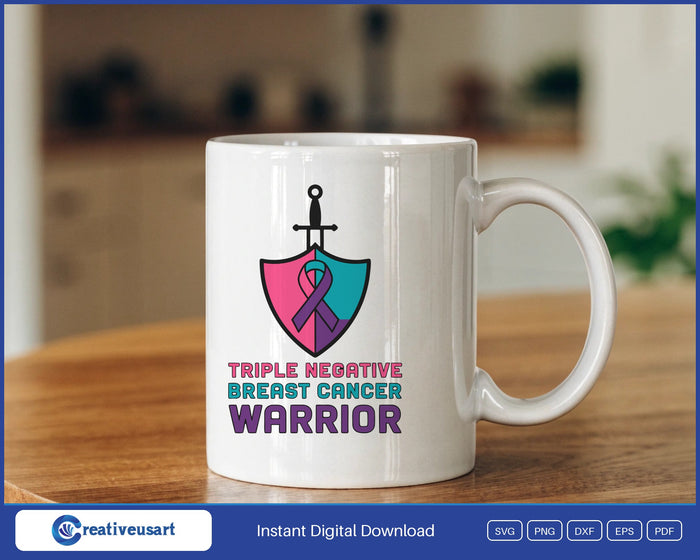 Triple Negative Breast Cancer Warrior Shield SVG design on a white coffee mug