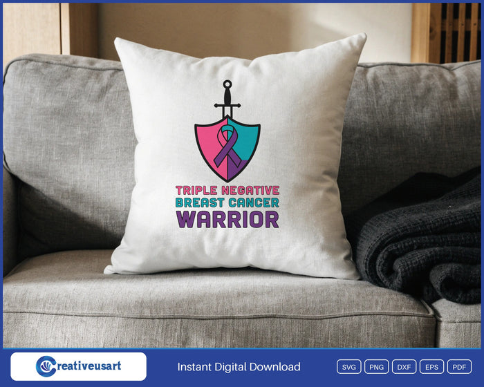 Triple Negative Breast Cancer Warrior Shield SVG design on a white throw pillow