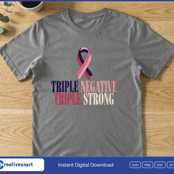 A braided pink, navy and white awareness ribbon above the words Triple Negative Triple Strong, on a gray t-shirt