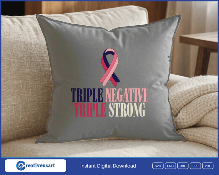 Triple Negative Triple Strong with a braided ribbon SVG design on a gray throw pillow