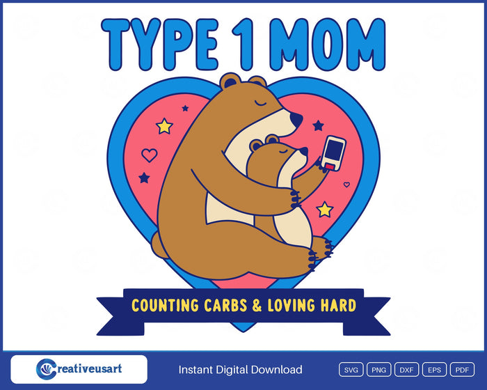 Type 1 Mom T1D SVG, mama bear hugging her cub holding a glucose meter inside a pink and blue heart