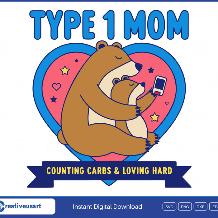 Type 1 Mom T1D SVG, mama bear hugging her cub holding a glucose meter inside a pink and blue heart
