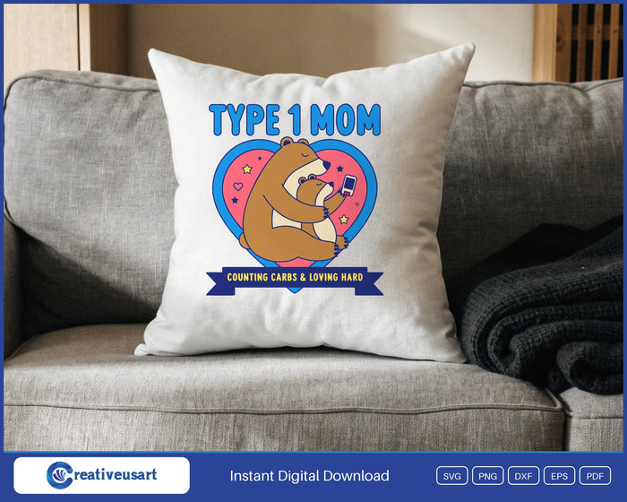 Type 1 Mom mama bear T1D design on a white throw pillow