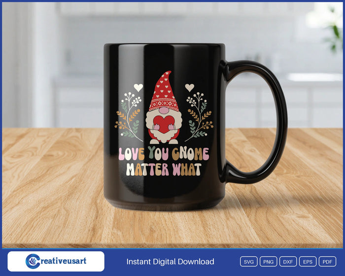 Valentine Gnome heart hug SVG design on a black coffee mug