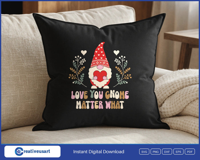 Valentine Gnome heart hug SVG design on a black throw pillow