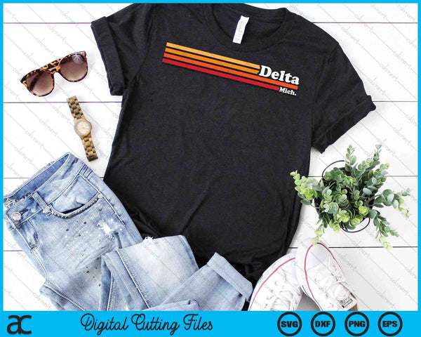 Vintage 1980s Graphic Style Delta Michigan SVG PNG Digital Cutting File - on a t-shirt